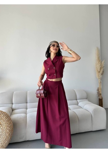 Kadın Alt Üst Takım Düğme Detaylı Premium Yelek Etek Ikili Takım Elbise