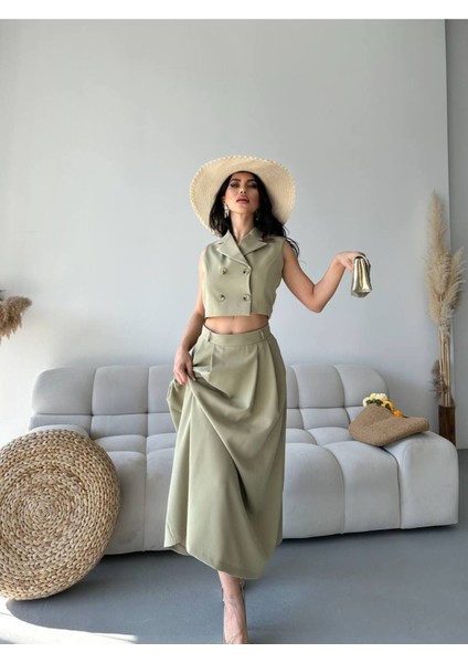 Kadın Alt Üst Takım Düğme Detaylı Premium Yelek Etek Ikili Takım Elbise