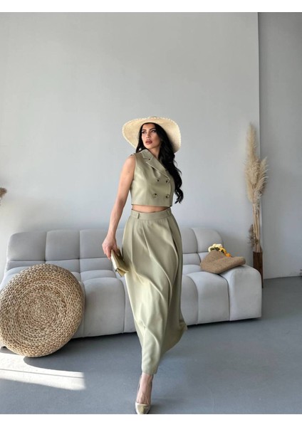 Kadın Alt Üst Takım Düğme Detaylı Premium Yelek Etek Ikili Takım Elbise fırsatları