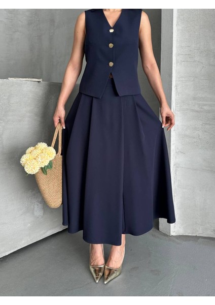 Kadın Alt Üst Takım Şık Düğme Detaylı Premium Yelek Etek Ikili Takım Elbise fiyatları