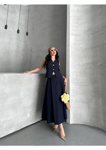 Kadın Alt Üst Takım Şık Düğme Detaylı Premium Yelek Etek Ikili Takım Elbise fırsatları