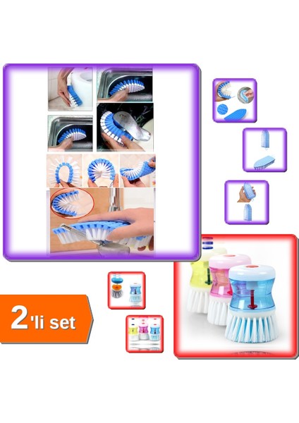 Deterjan Hazneli Bulaşık Fırçası + Bükülebilir Esnek Kenar Köşe Lavabo Fırçası - 2li Set M7V2QZ