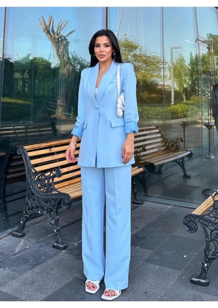 Kadın Tek Düğmeli Ceket Palazzo Pantolon Takım