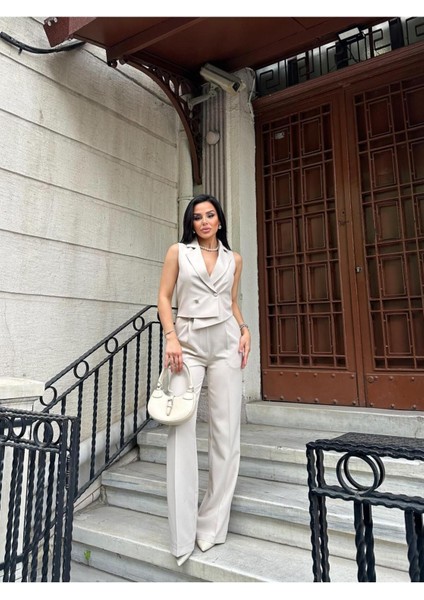 Kadın Asimetrik Kesim Yelek Palazzo Pantolon Takım Elbise