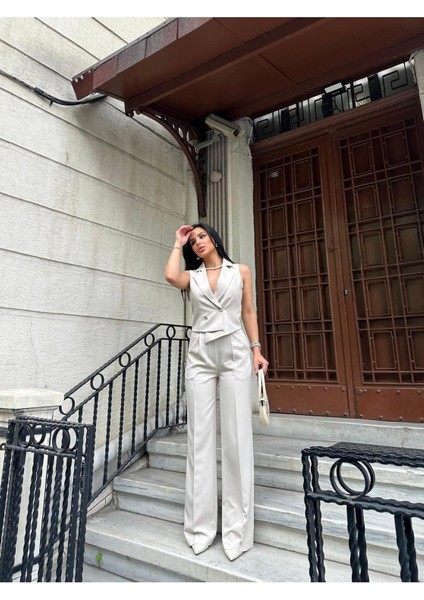 Kadın Asimetrik Kesim Yelek Palazzo Pantolon Takım Elbise