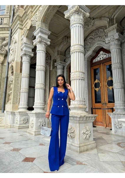 Kadın Düğmeli Yelek Pantolon Kare Yaka Takım