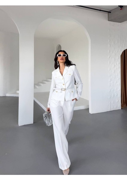 Kadın Kemerli Gold Düğmeli Ceket Palazzo Pantolon Takım Elbise