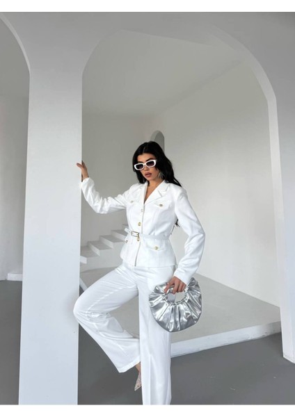 Kadın Kemerli Gold Düğmeli Ceket Palazzo Pantolon Takım Elbise modelleri