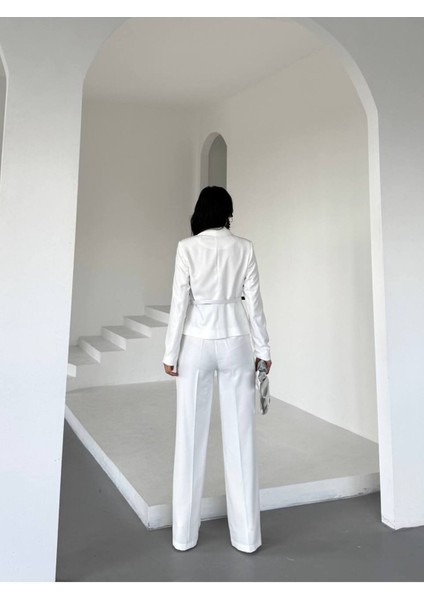 Kadın Kemerli Gold Düğmeli Ceket Palazzo Pantolon Takım Elbise fırsatları