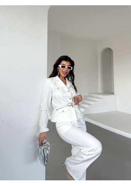 Kadın Kemerli Gold Düğmeli Ceket Palazzo Pantolon Takım Elbise indirimleri