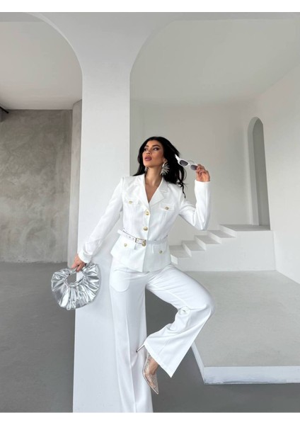 Kadın Kemerli Gold Düğmeli Ceket Palazzo Pantolon Takım Elbise