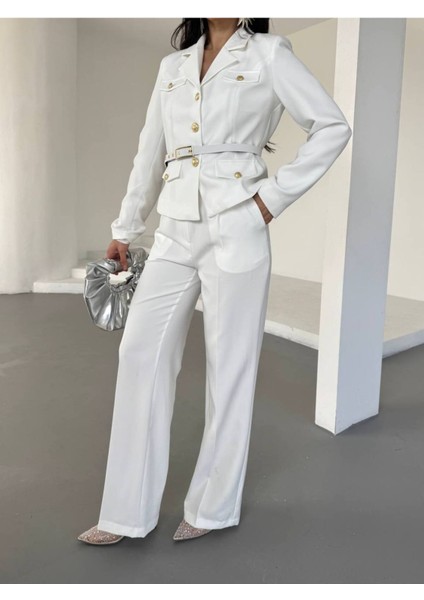 Kadın Kemerli Gold Düğmeli Ceket Palazzo Pantolon Takım Elbise