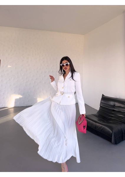 Kadın Kemerli Gold Düğmeli Premium Ceket Pileli Uzun Etek Takım Elbise