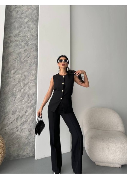 Kadın Alt Üst Takım Şık Düğme Detaylı Premium Yelek Pantolon Ikili Takım Elbise modelleri