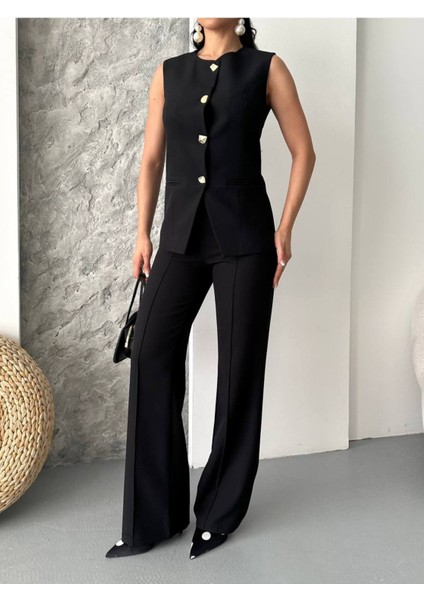 Kadın Alt Üst Takım Şık Düğme Detaylı Premium Yelek Pantolon Ikili Takım Elbise