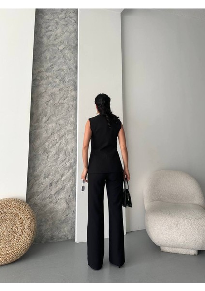 Kadın Alt Üst Takım Şık Düğme Detaylı Premium Yelek Pantolon Ikili Takım Elbise