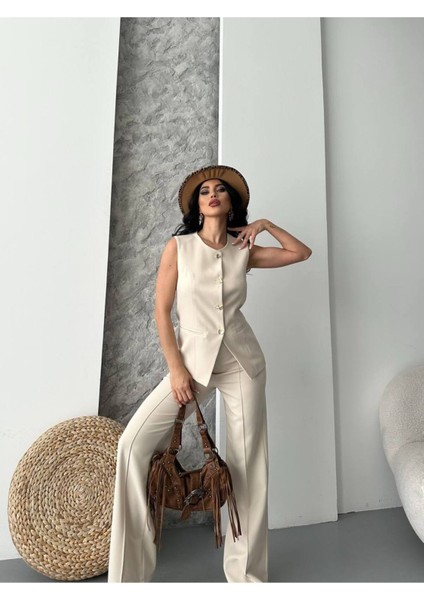 Kadın Alt Üst Takım Şık Düğme Detaylı Premium Yelek Pantolon Ikili Takım Elbise