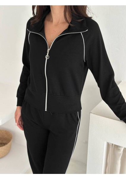 Kadın Fermuarlı Kapüşonlu Rahat Fit Iki Parça Set Eşofman Takımı