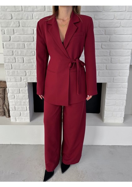 Kadın Yandan Bağlamalı Ikili Kuşaklı Blazer Ceket Pantolon Takım