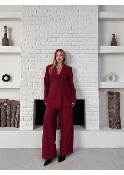 Kadın Yandan Bağlamalı Ikili Kuşaklı Blazer Ceket Pantolon Takım fiyatları