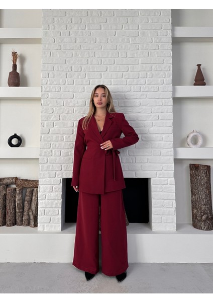 Kadın Yandan Bağlamalı Ikili Kuşaklı Blazer Ceket Pantolon Takım fırsatları