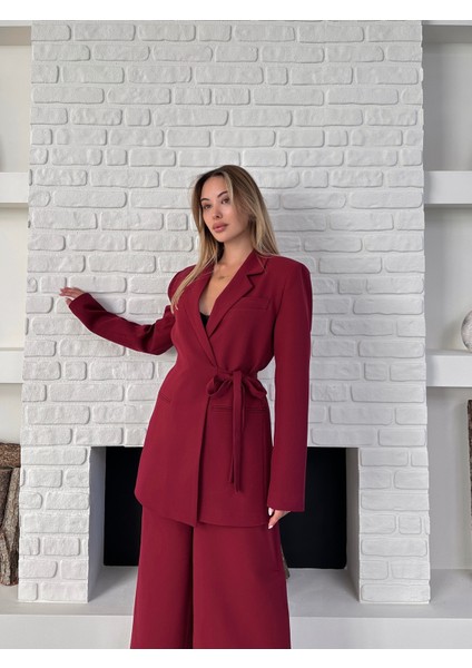 Kadın Yandan Bağlamalı Ikili Kuşaklı Blazer Ceket Pantolon Takım indirimleri
