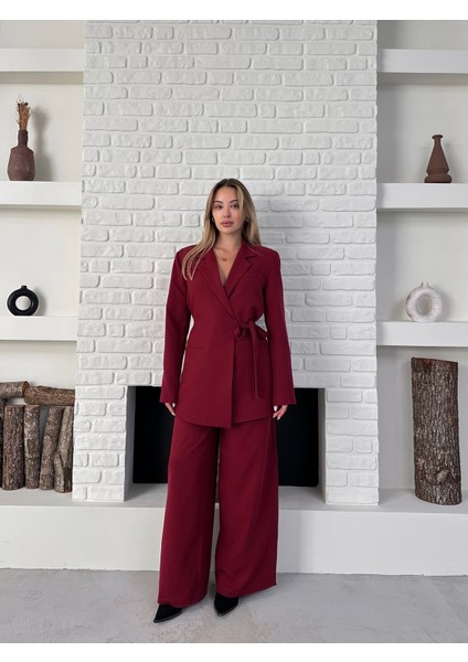 Kadın Yandan Bağlamalı Ikili Kuşaklı Blazer Ceket Pantolon Takım