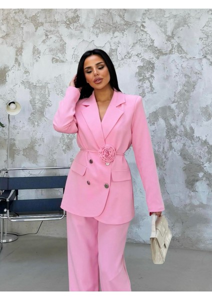 Kadın Gül Kemer Detaylı Palazzo Takım Elbise