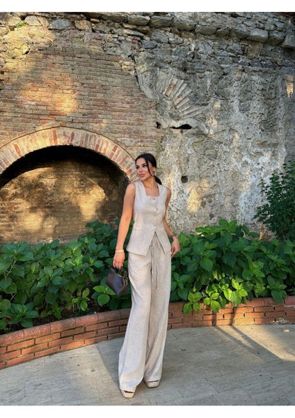 Kadın Düğmeli Yelek Palazzo Pantolon Kare Yaka Keten Takım
