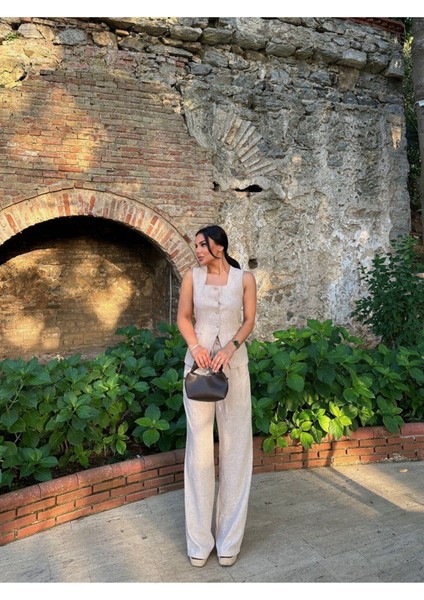 Kadın Düğmeli Yelek Palazzo Pantolon Kare Yaka Keten Takım fiyatları