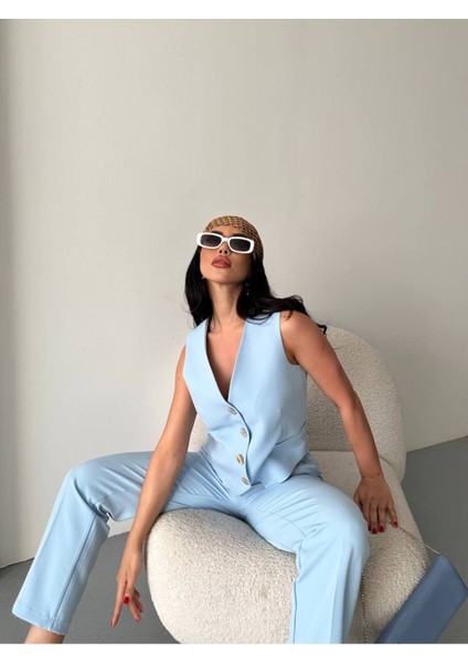 Kadın Alt Üst Takım Şık Taş Düğme Detaylı Premium Yelek Pantolon Ikili Takım Elbise