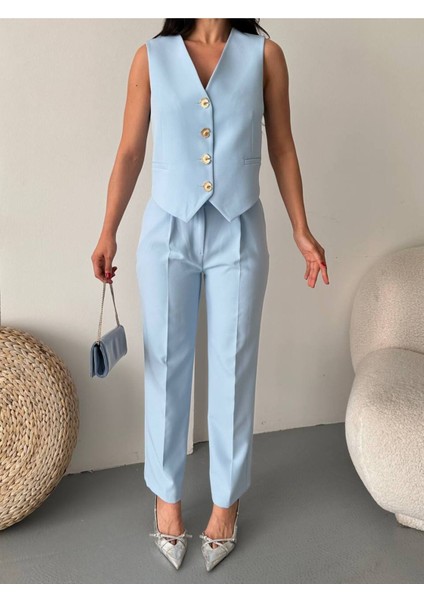 Kadın Alt Üst Takım Şık Taş Düğme Detaylı Premium Yelek Pantolon Ikili Takım Elbise