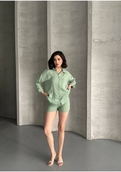 Kadın Keten Görünümlü Yazlık Gömlek Şort Ikili Takım