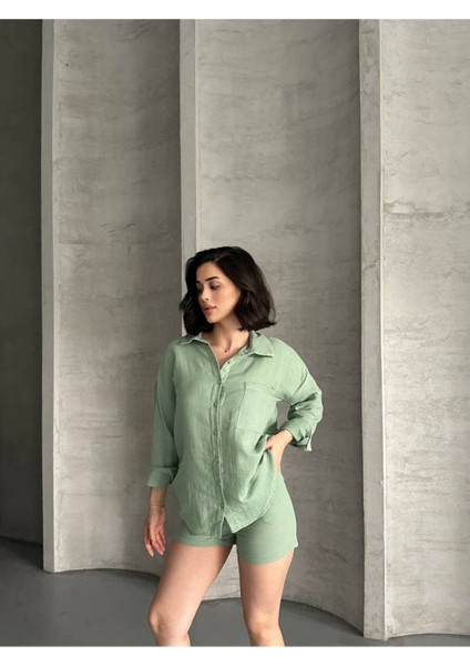 Kadın Keten Görünümlü Yazlık Gömlek Şort Ikili Takım fiyatları
