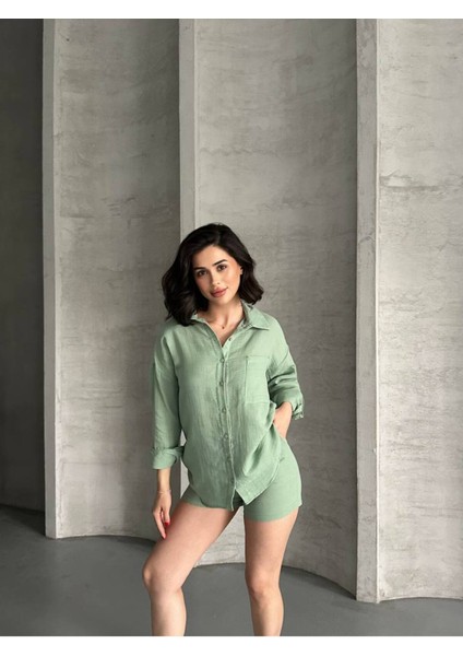 Kadın Keten Görünümlü Yazlık Gömlek Şort Ikili Takım fırsatları