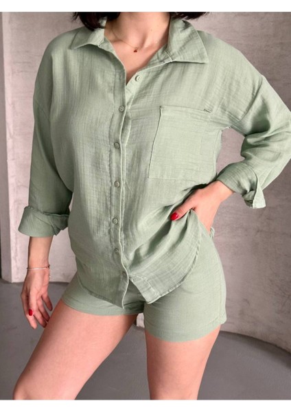 Kadın Keten Görünümlü Yazlık Gömlek Şort Ikili Takım indirimleri