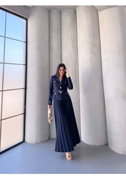 Kadın Kemerli Gold Düğmeli Premium Ceket Pileli Uzun Etek Takım Elbise modelleri