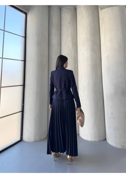 Kadın Kemerli Gold Düğmeli Premium Ceket Pileli Uzun Etek Takım Elbise fırsatları