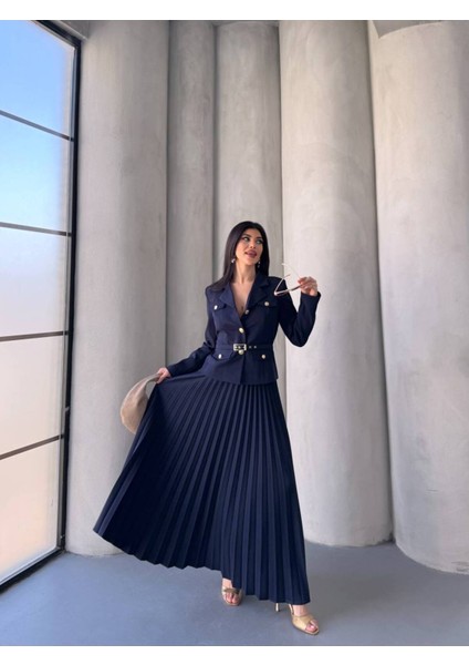 Kadın Kemerli Gold Düğmeli Premium Ceket Pileli Uzun Etek Takım Elbise indirimleri