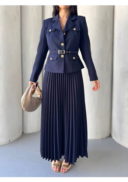Kadın Kemerli Gold Düğmeli Premium Ceket Pileli Uzun Etek Takım Elbise