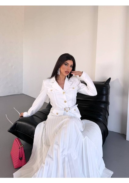 Kadın Kemerli Gold Düğmeli Premium Ceket Pileli Uzun Etek Takım Elbise indirimleri