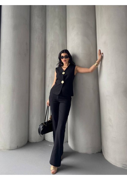 Kadın Gold Kurabiye Düğmeli Yelek Pantolon Takım Elbise