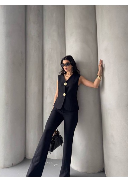 Kadın Gold Kurabiye Düğmeli Yelek Pantolon Takım Elbise fiyatları