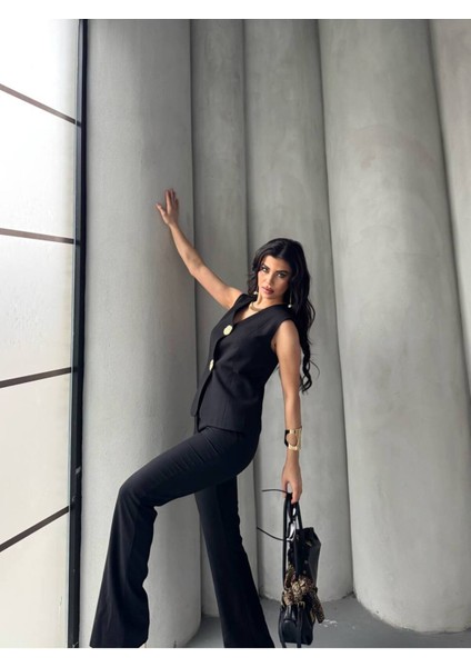 Kadın Gold Kurabiye Düğmeli Yelek Pantolon Takım Elbise fırsatları