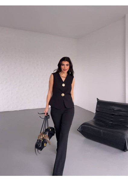 Kadın Gold Kurabiye Düğmeli Yelek Pantolon Takım Elbise