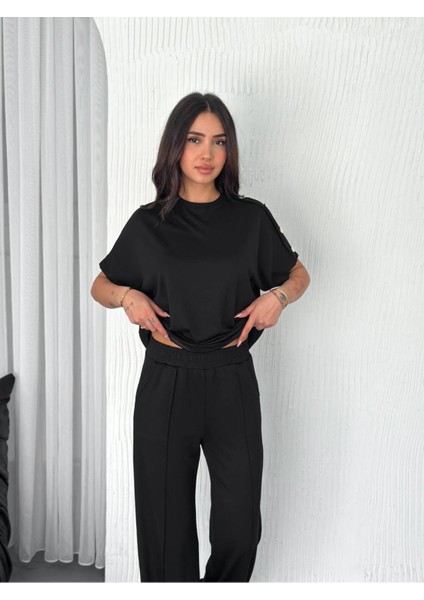 Kadın Modal Kumaş Kısa Kollu T-Shirt Düğme Detaylı Eşofman Takımı