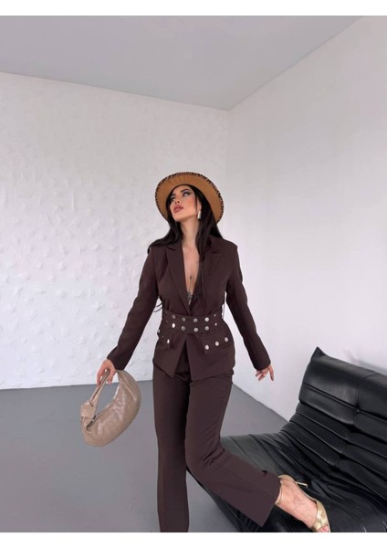 Kadın Zımba Kemer Detaylı Çıtçıtlı Cekete Palazzo Pantolon Şık Takım Elbise modelleri