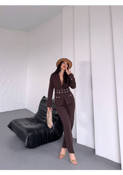 Kadın Zımba Kemer Detaylı Çıtçıtlı Cekete Palazzo Pantolon Şık Takım Elbise fırsatları