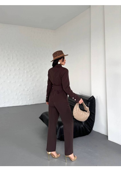 Kadın Zımba Kemer Detaylı Çıtçıtlı Cekete Palazzo Pantolon Şık Takım Elbise