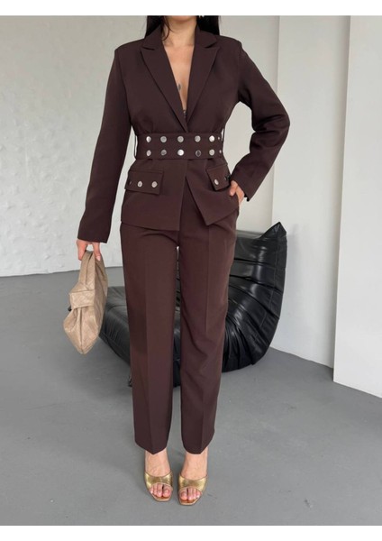 Kadın Zımba Kemer Detaylı Çıtçıtlı Cekete Palazzo Pantolon Şık Takım Elbise